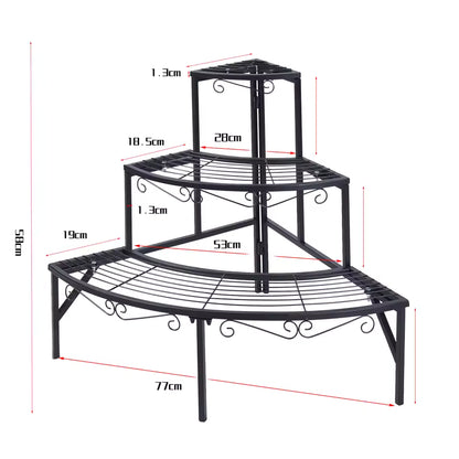 3-tier quarter-round black metal corner plant stand diagram displaying product dimensions.