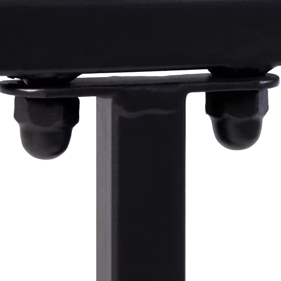 Close-up of a black metal frame joint secured with cap nuts and bolts.