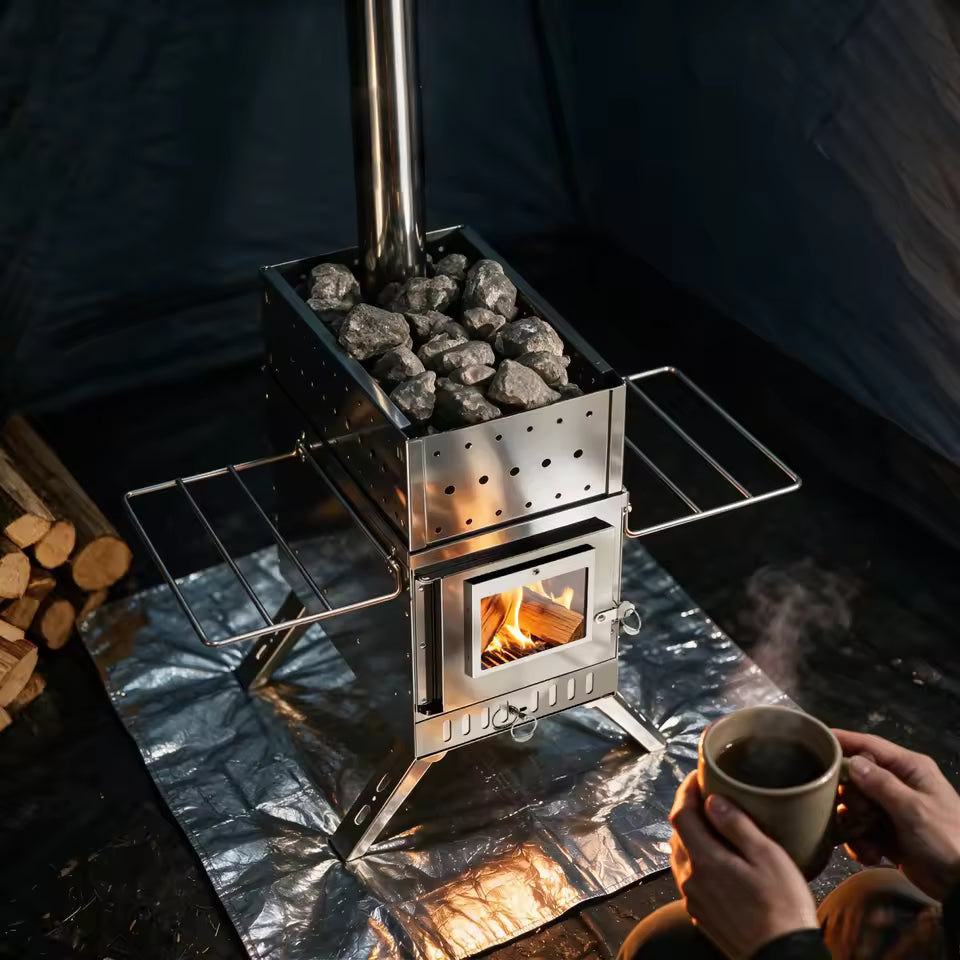 Stainless steel tent wood stove filled with rocks, burning wood inside, next to hands holding a mug.