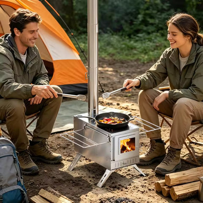 Two campers cooking food in a skillet on a portable wood stove outside near an orange tent.