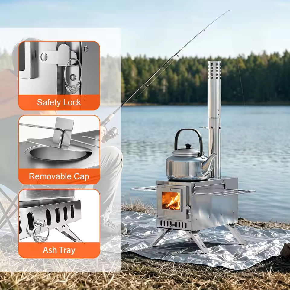 Portable stainless steel camping wood stove outdoors highlighting safety lock, removable cap, and ash tray.
