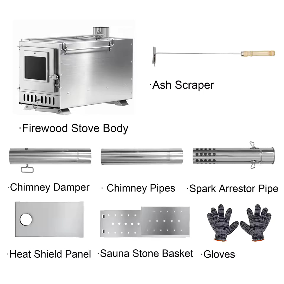 Portable stainless steel wood stove set with chimney pipes, ash scraper, spark arrestor, and gloves.