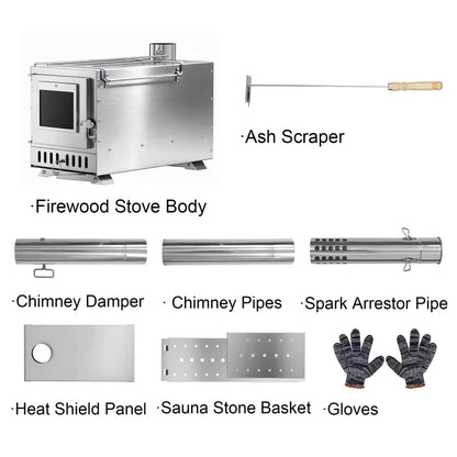 Portable stainless steel wood stove set with chimney pipes, ash scraper, spark arrestor, and gloves.