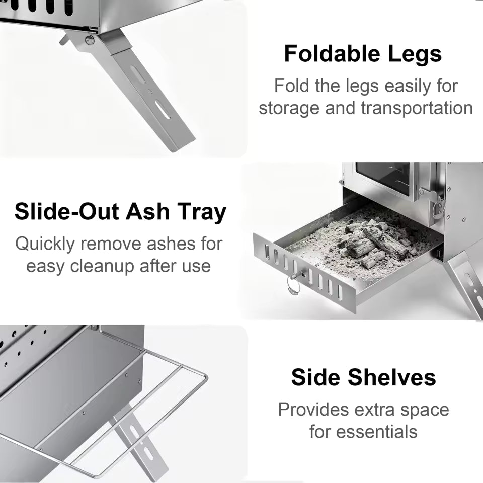Features graphic highlighting foldable legs, slide-out ash tray, and side shelves on a camping wood stove.
