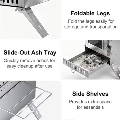 Features graphic highlighting foldable legs, slide-out ash tray, and side shelves on a camping wood stove.