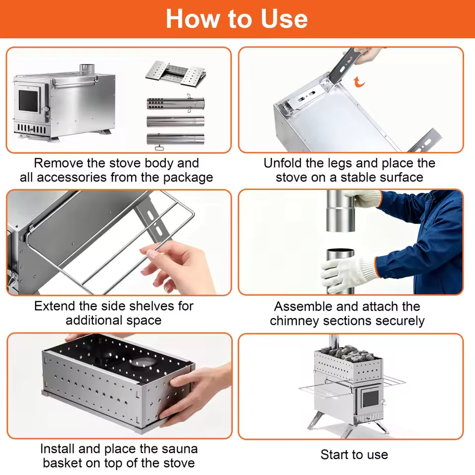 Diagram illustrating six step-by-step assembly instructions for a portable tent wood stove.