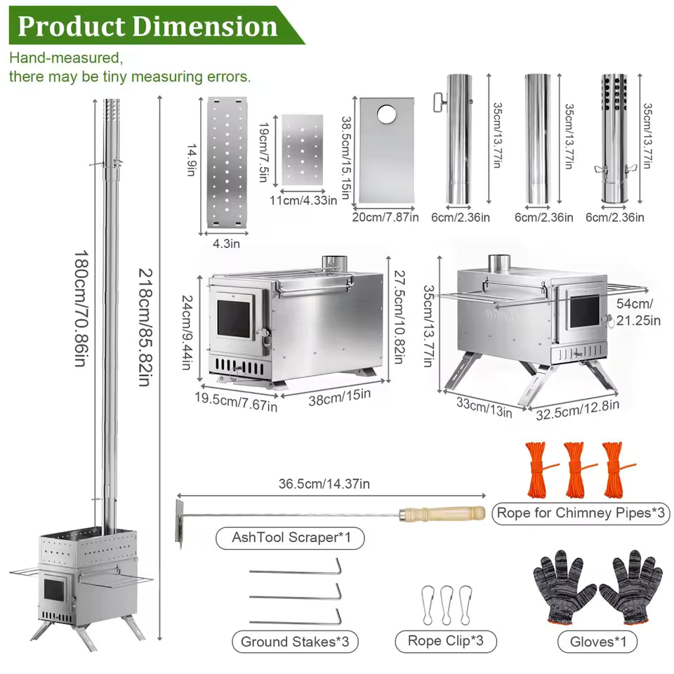 Product dimension diagram for a stainless steel camping wood stove with included accessories.
