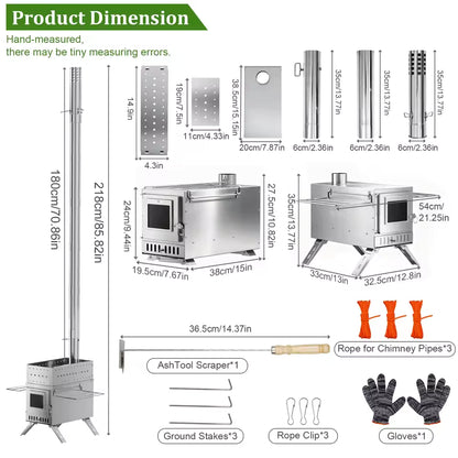 Product dimension diagram for a stainless steel camping wood stove with included accessories.