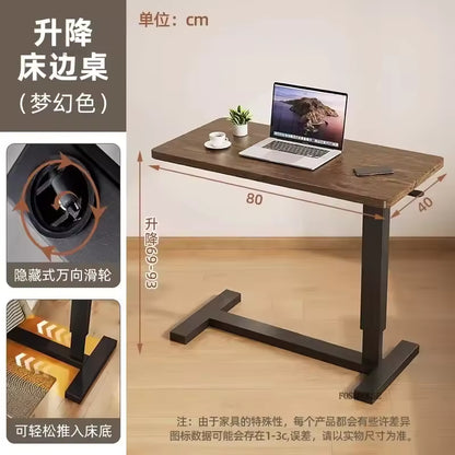 Adjustable dark wood overbed laptop desk with black metal frame, showing 80x40 cm top and wheels.