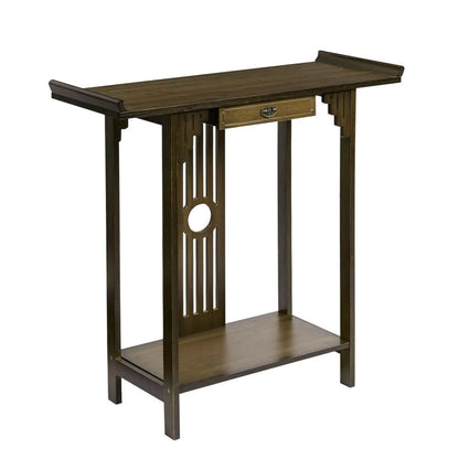 Traditional Chinese-style dark wood console table with drawer, bottom shelf, and upturned edges.