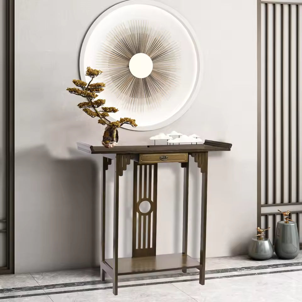 Chinese-style dark wood console table with upturned edges, a central drawer, and slatted detailing.