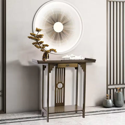 Chinese-style dark wood console table with upturned edges, a central drawer, and slatted detailing.