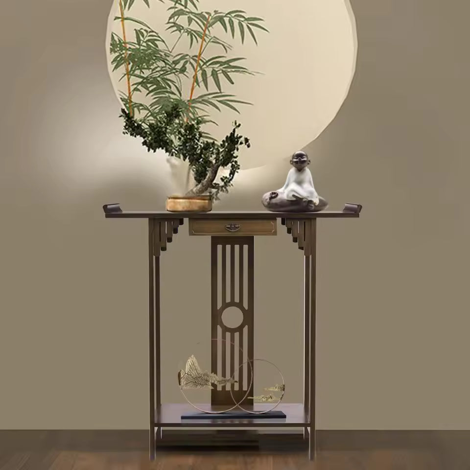 Chinese-style dark wood console table with a central slatted panel, drawer, and decor objects.