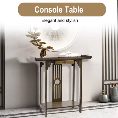 Chinese-style dark wood console table with a central drawer, open bottom shelf, and decor on top.
