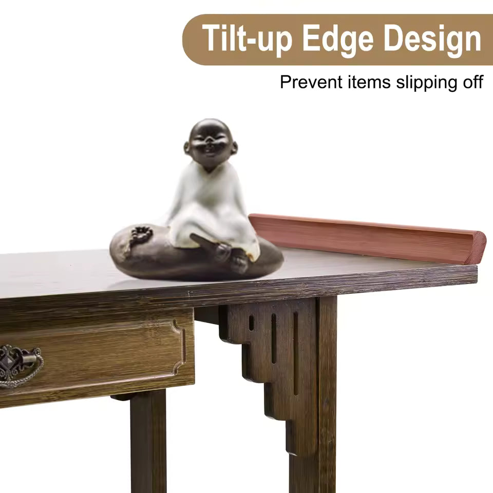 Chinese-style wooden console table highlighting a tilt-up edge design and small figurine on top.