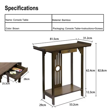 Specification diagram of a brown bamboo console table with height, length, and drawer dimensions.