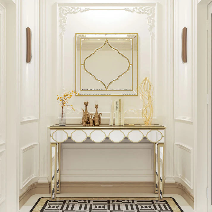 Rectangular Silver Mirrored Entryway Console Table with Gold Rim ...