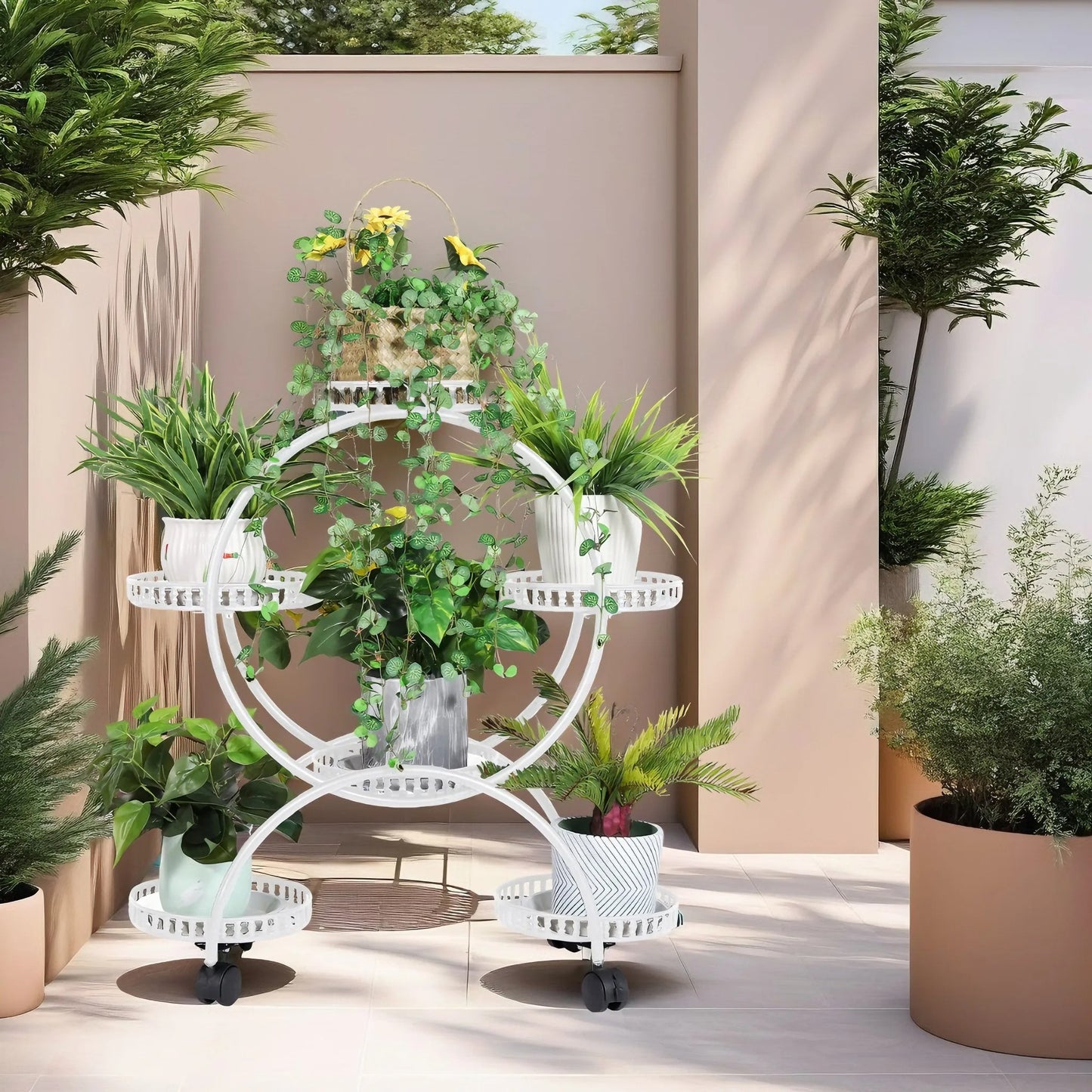 4-Layer Metal Rolling Plant Stand – 6-Pot Flower Holder with Wheels for Balcony, Patio, or Indoor Spaces