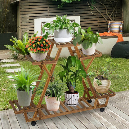 6 Tiered Carbonised Triangle Corner Plant Rack Wooden Plant Stand, Flower Pots Holder - Elevate Garden Space