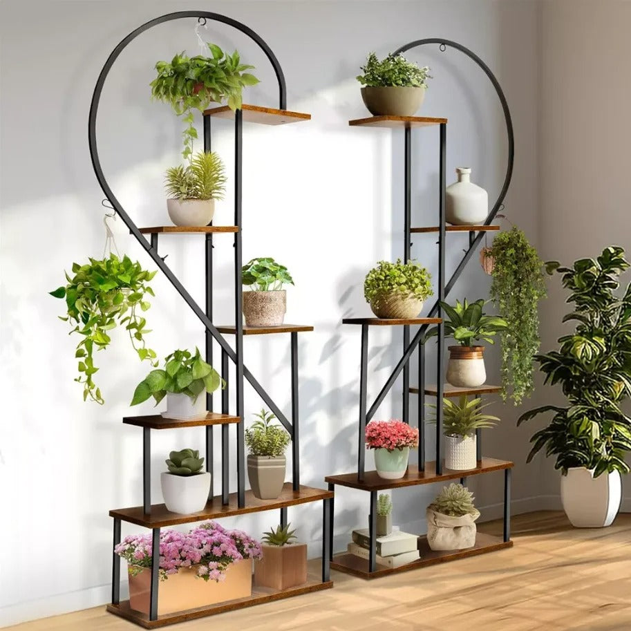 6-Tier Half-Heart Metal Ladder Plant Stand – Decorative Black & Brown Shelf Rack for Multiple Indoor Plants