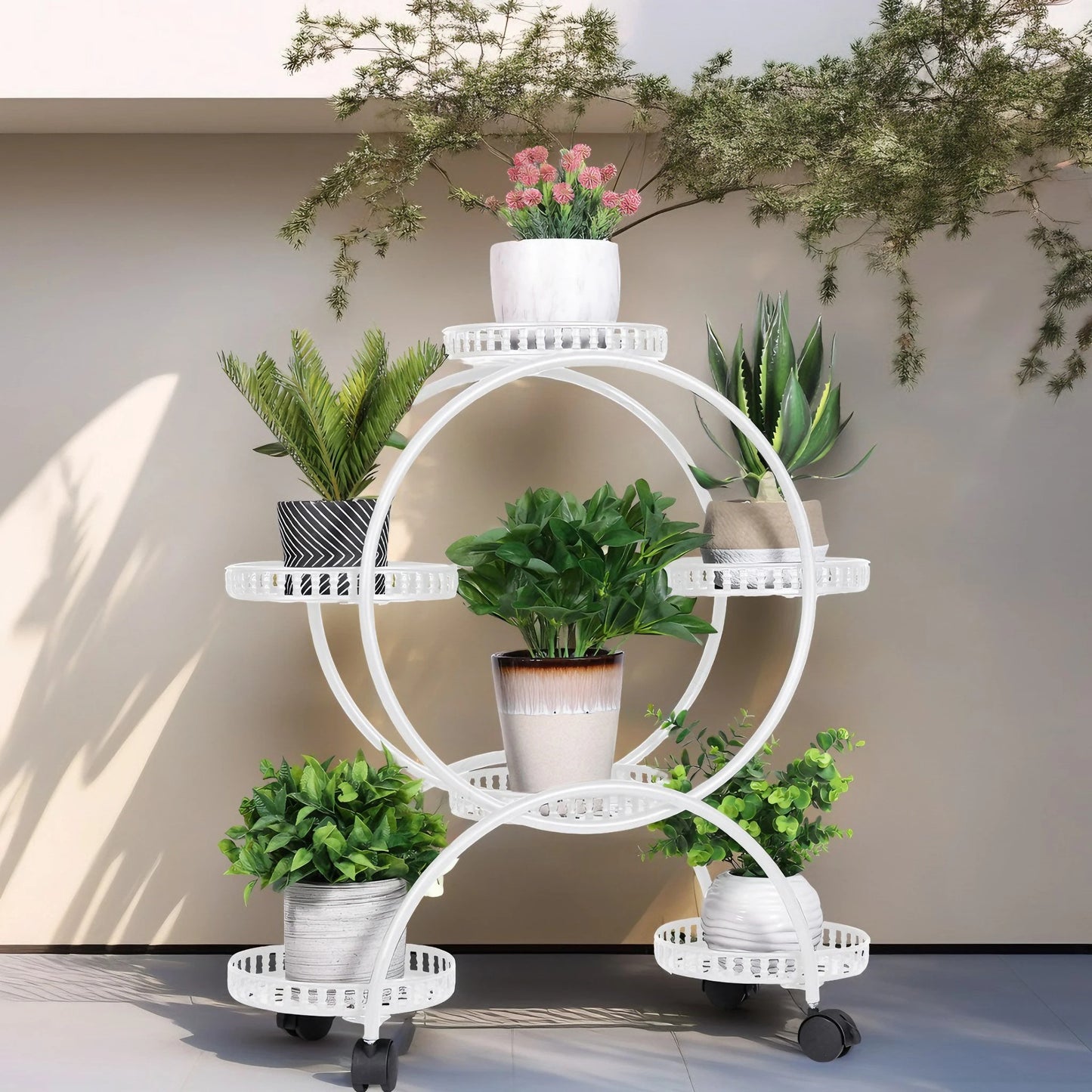 4-Layer Metal Rolling Plant Stand – 6-Pot Flower Holder with Wheels for Balcony, Patio, or Indoor Spaces