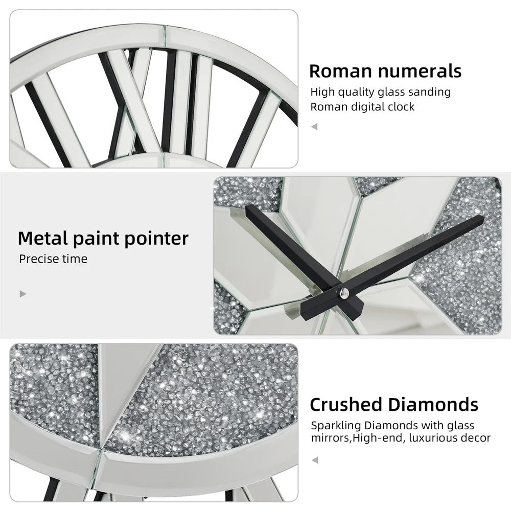 Round Wall Clock Mirror Decorative Silver Glass Mirrors with Roman Numerals Crush Diamond Clocks Battery Operated