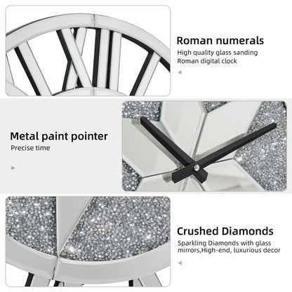 Round Wall Clock Mirror Decorative Silver Glass Mirrors with Roman Numerals Crush Diamond Clocks Battery Operated