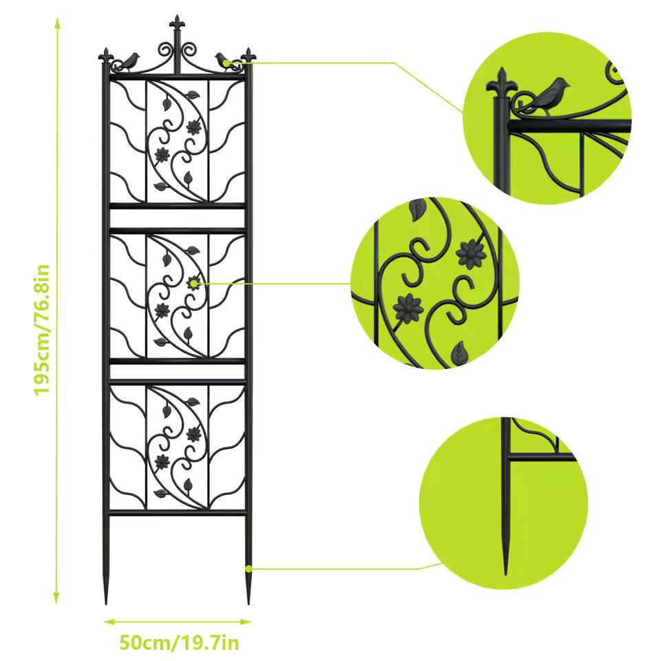 Black metal garden trellis with decorative scrollwork, bird accents, and ground stake details.