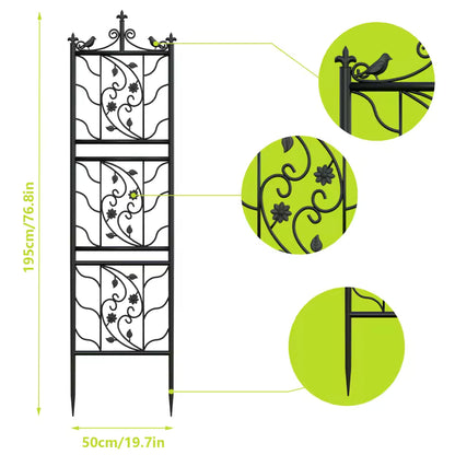Black metal garden trellis with decorative scrollwork, bird accents, and ground stake details.