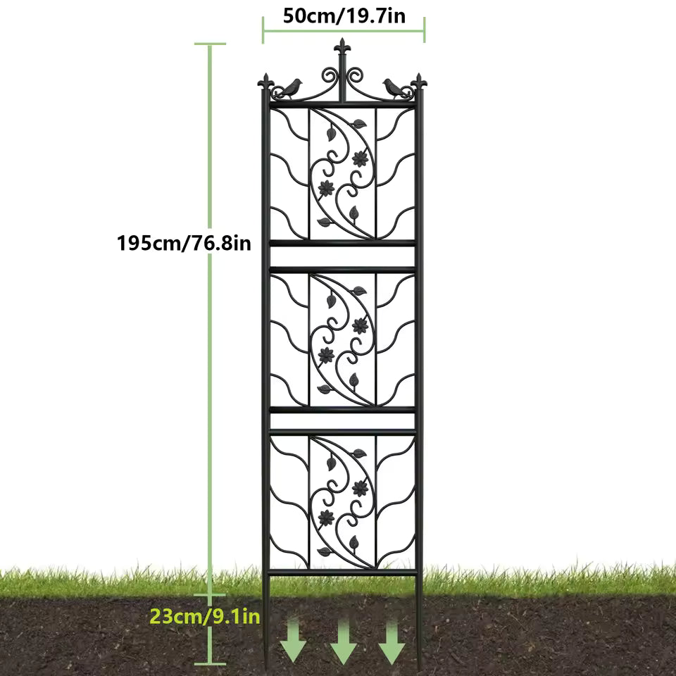 Tall black metal garden trellis with decorative scrollwork, birds, and dimension markings.