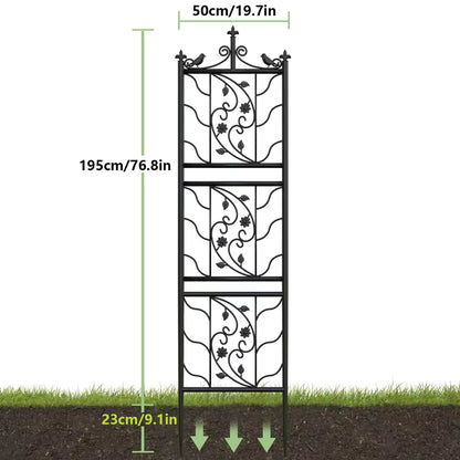 Tall black metal garden trellis with decorative scrollwork, birds, and dimension markings.