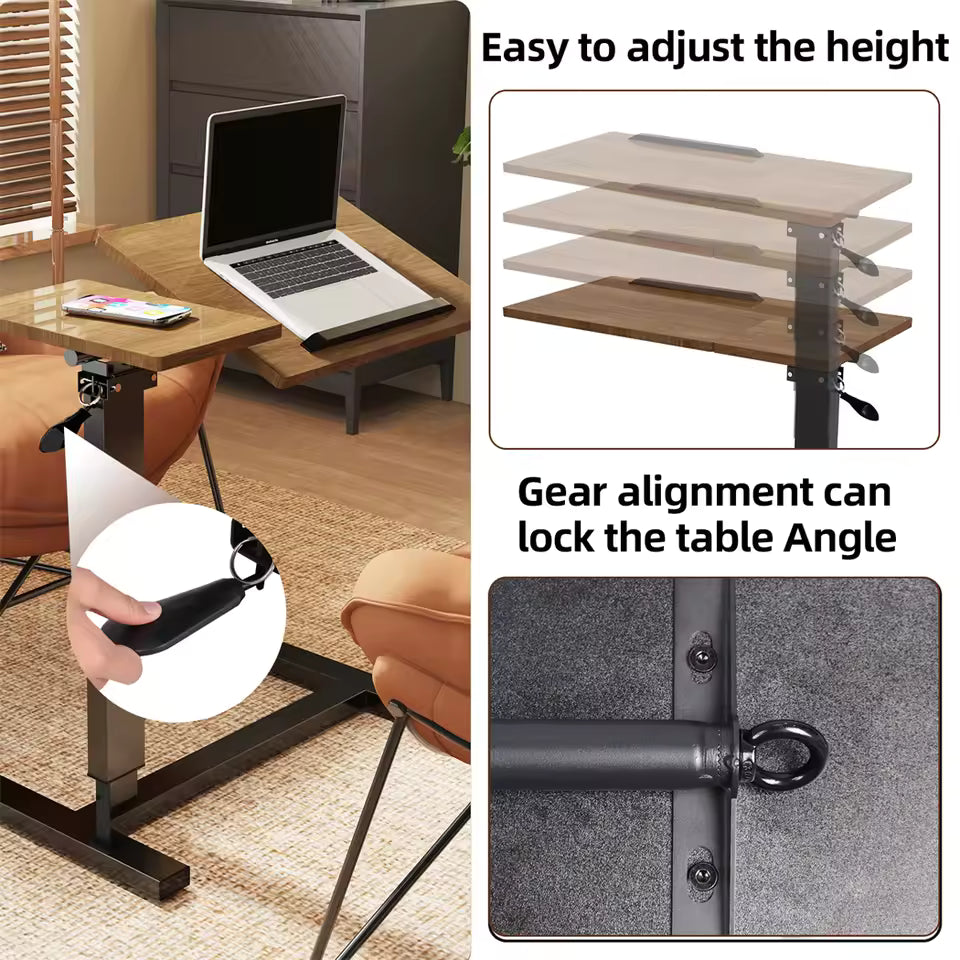 Height-adjustable wooden C-shaped side table with a tilting top for laptop use next to a chair.