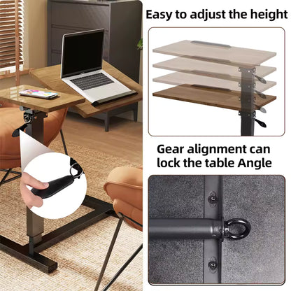 Height-adjustable wooden C-shaped side table with a tilting top for laptop use next to a chair.