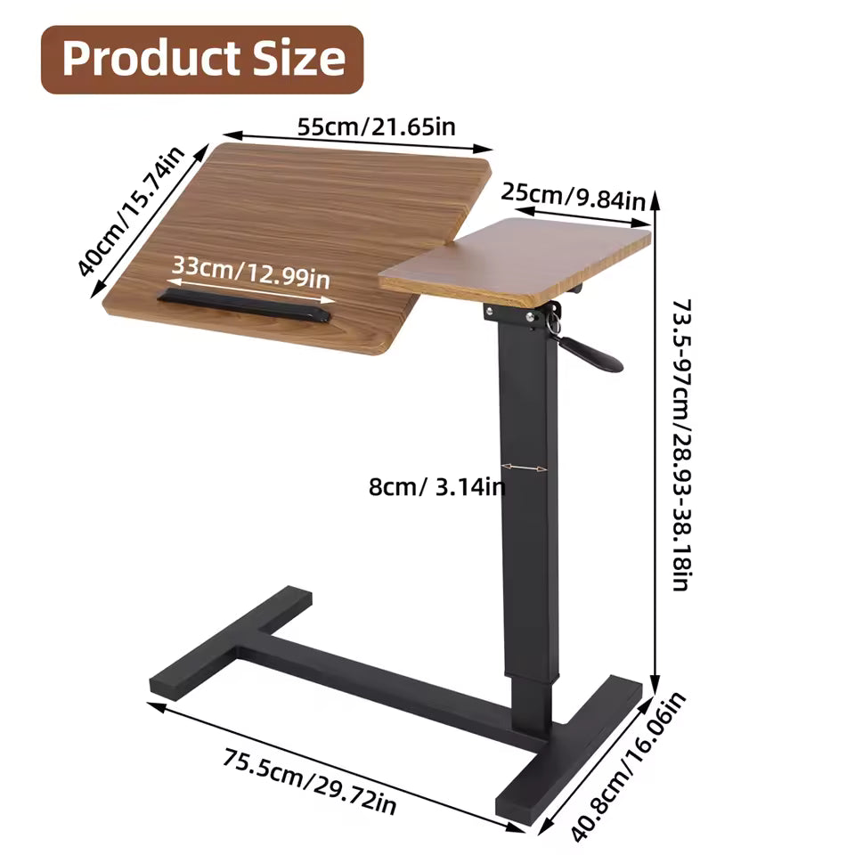 Product dimension diagram for an adjustable wooden side desk with a black metal frame.