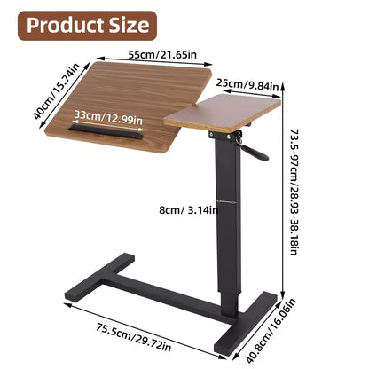 Product dimension diagram for an adjustable wooden side desk with a black metal frame.