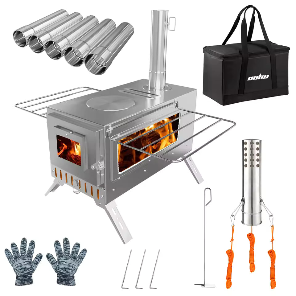 Portable stainless steel wood burning stove kit with chimney pipes, carry bag, gloves, and tools.