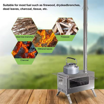 Portable tent stove with kettle on top, showing suitable fuels: branches, firewood, leaves, charcoal.