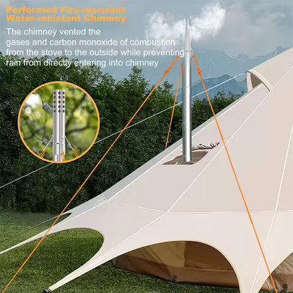 Stainless steel stove chimney pipe extending from a canvas tent with smoke venting at the top.