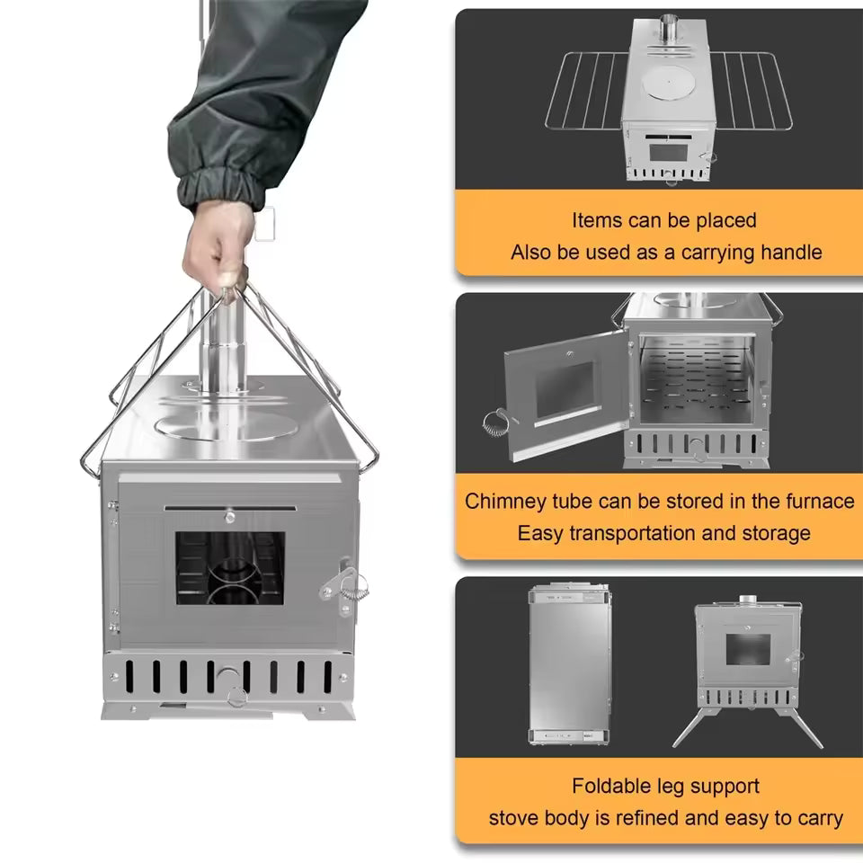 Demonstration of portable wood stove features including carrying handle, internal storage, and folding legs.