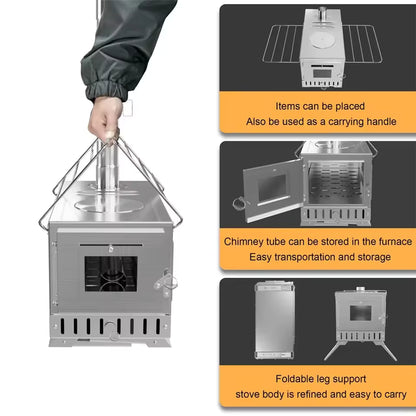 Demonstration of portable wood stove features including carrying handle, internal storage, and folding legs.
