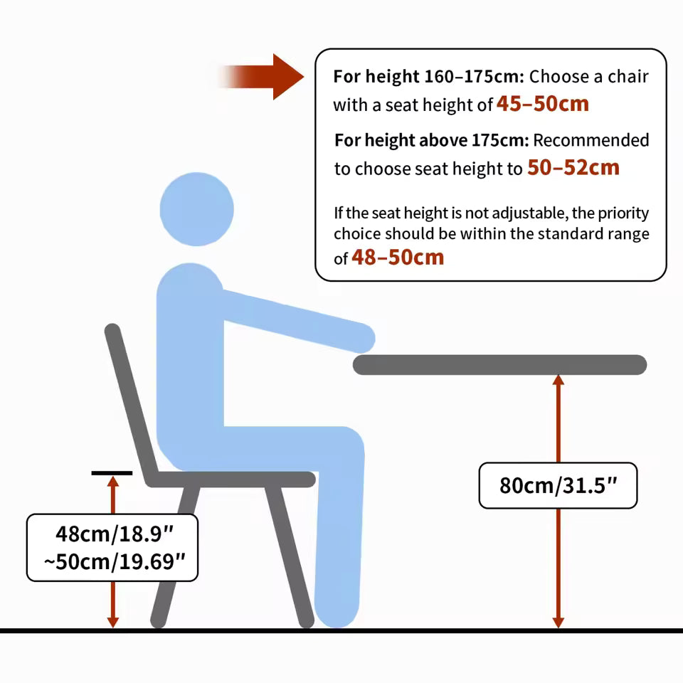 Diagram illustrating recommended chair seat heights based on person height for an 80cm table.