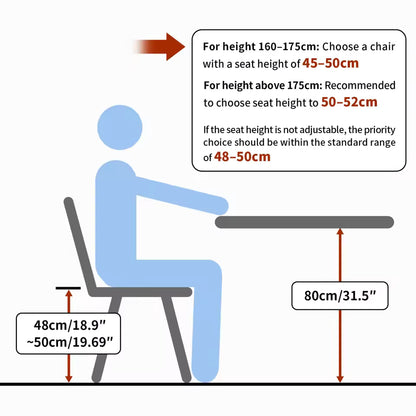 Diagram illustrating recommended chair seat heights based on person height for an 80cm table.