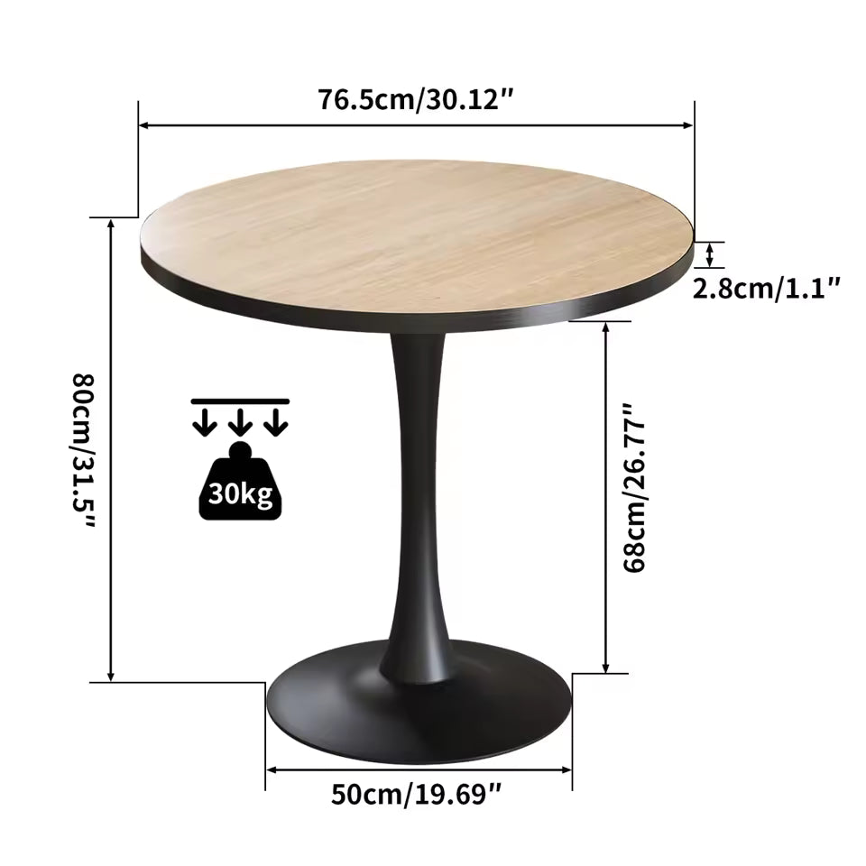 Round wood-top pedestal dining table with a black tulip base and labeled dimensions.