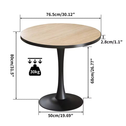 Round wood-top pedestal dining table with a black tulip base and labeled dimensions.