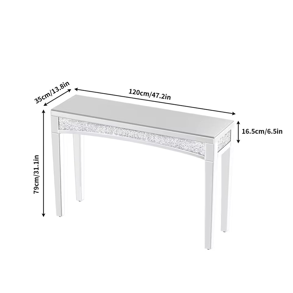 Mirrored console table with crushed diamond trim displaying length, width, height, and apron dimensions.