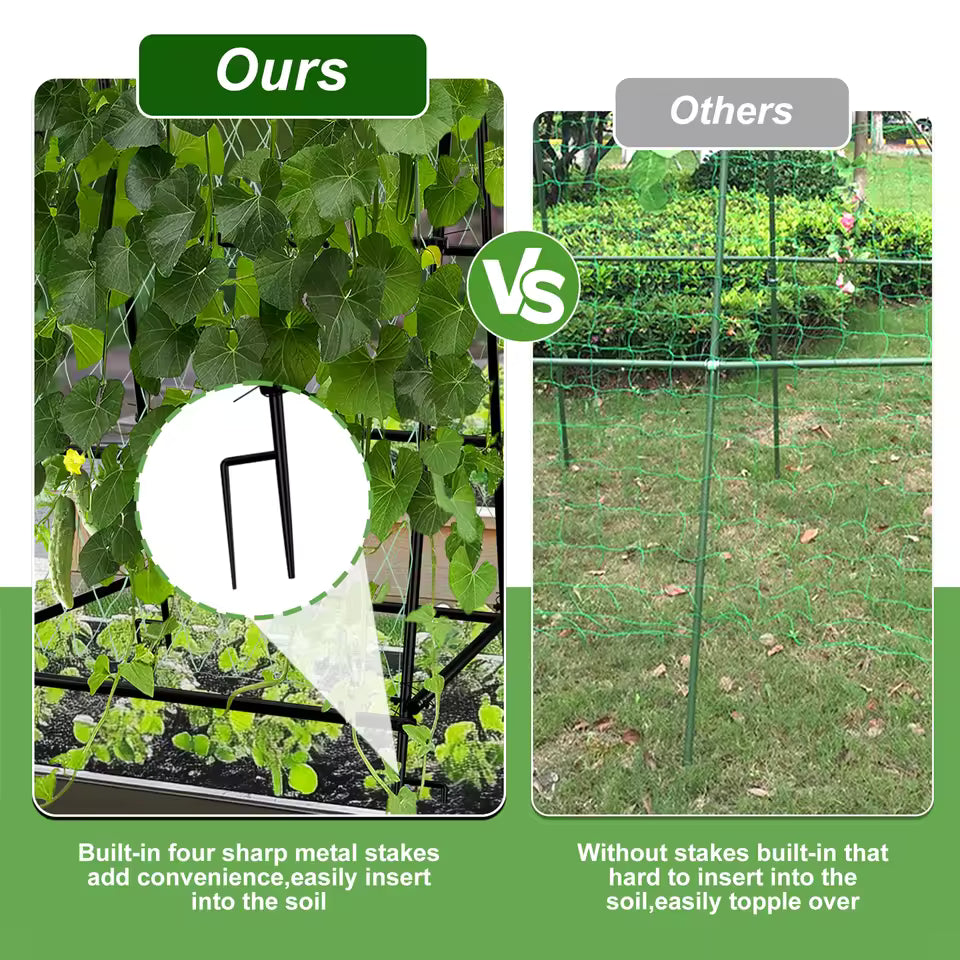 Side-by-side comparison showing a sturdy garden trellis with metal stakes versus a flimsy trellis.