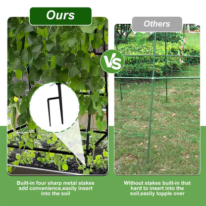 Side-by-side comparison showing a sturdy garden trellis with metal stakes versus a flimsy trellis.