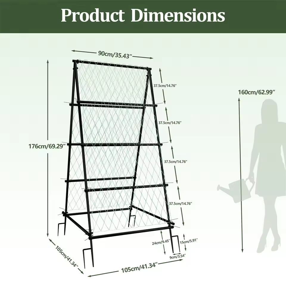 A-frame metal garden trellis with netting, featuring product dimensions and a human scale outline.