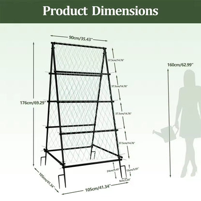 A-frame metal garden trellis with netting, featuring product dimensions and a human scale outline.