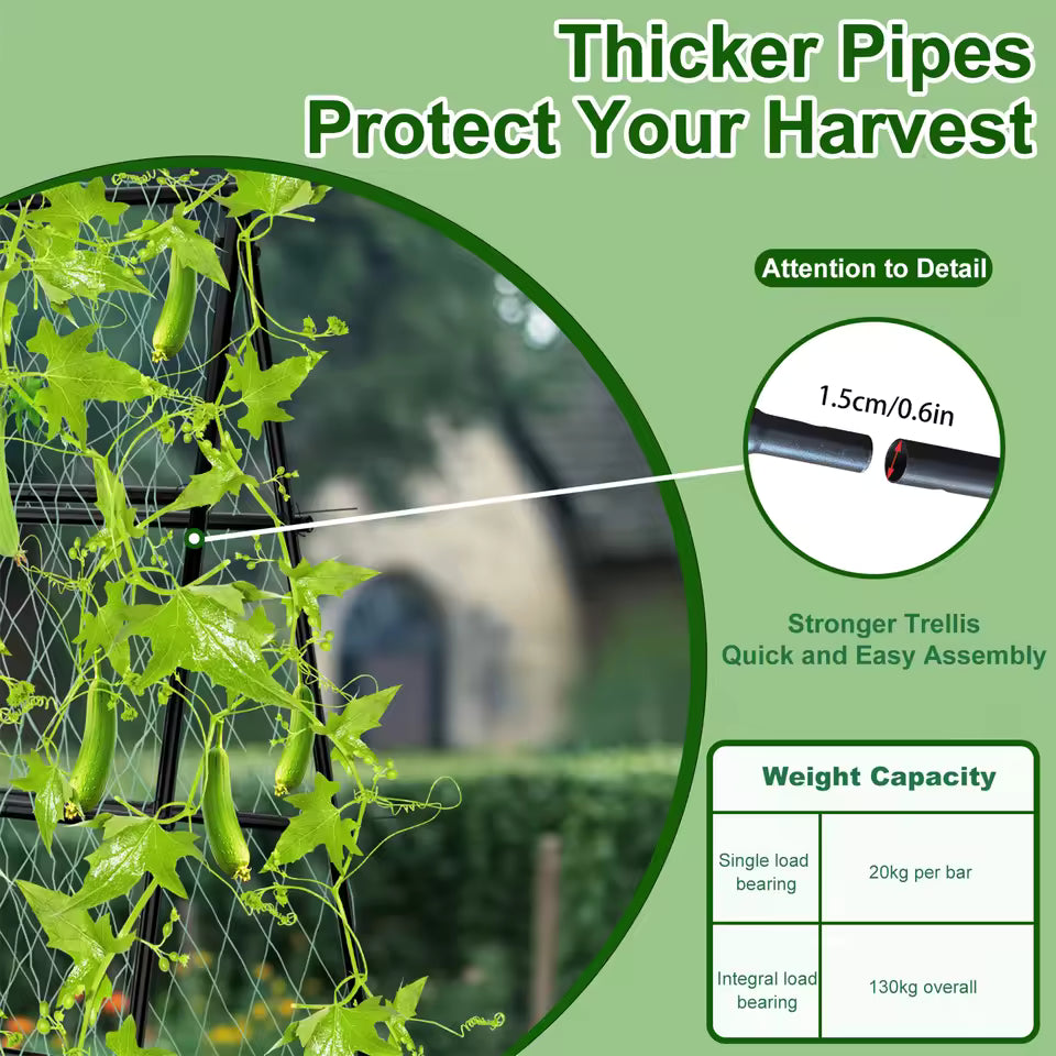 Metal A-frame garden trellis supporting climbing vines with a weight capacity detail diagram.